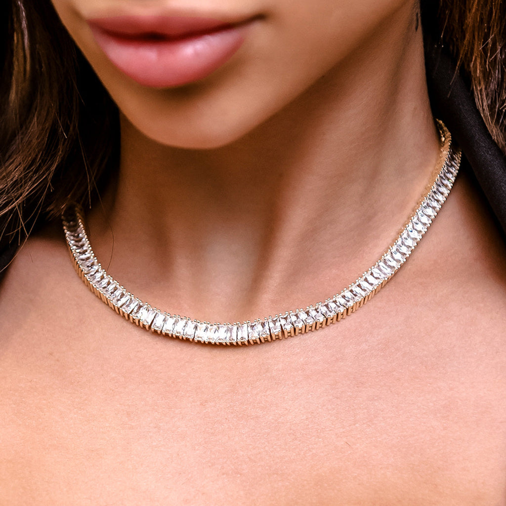 Diamond Baguette Tennis Necklace in Yellow Gold- 6mm