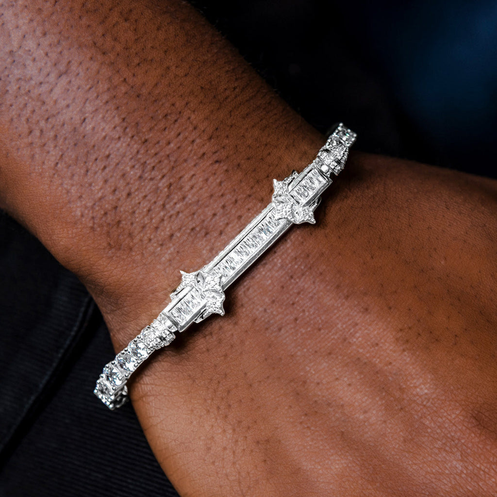 Iced Baguette Bar Bracelet in White Gold