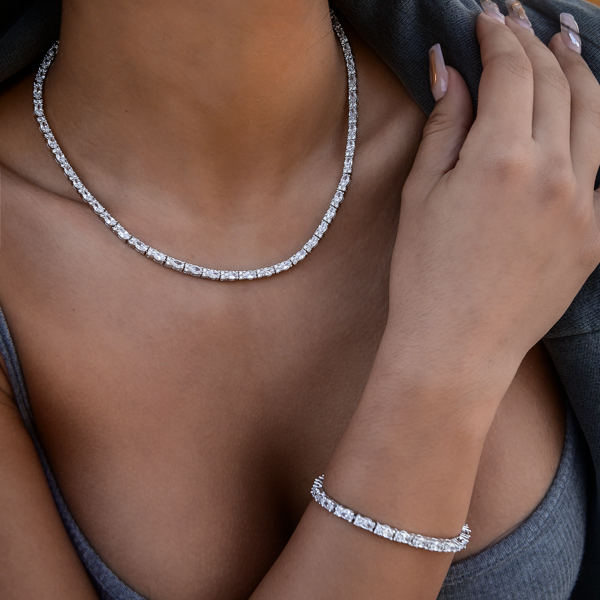 Diamond Mixed Oval Cut Tennis Necklace + Bracelet Bundle - 3mm