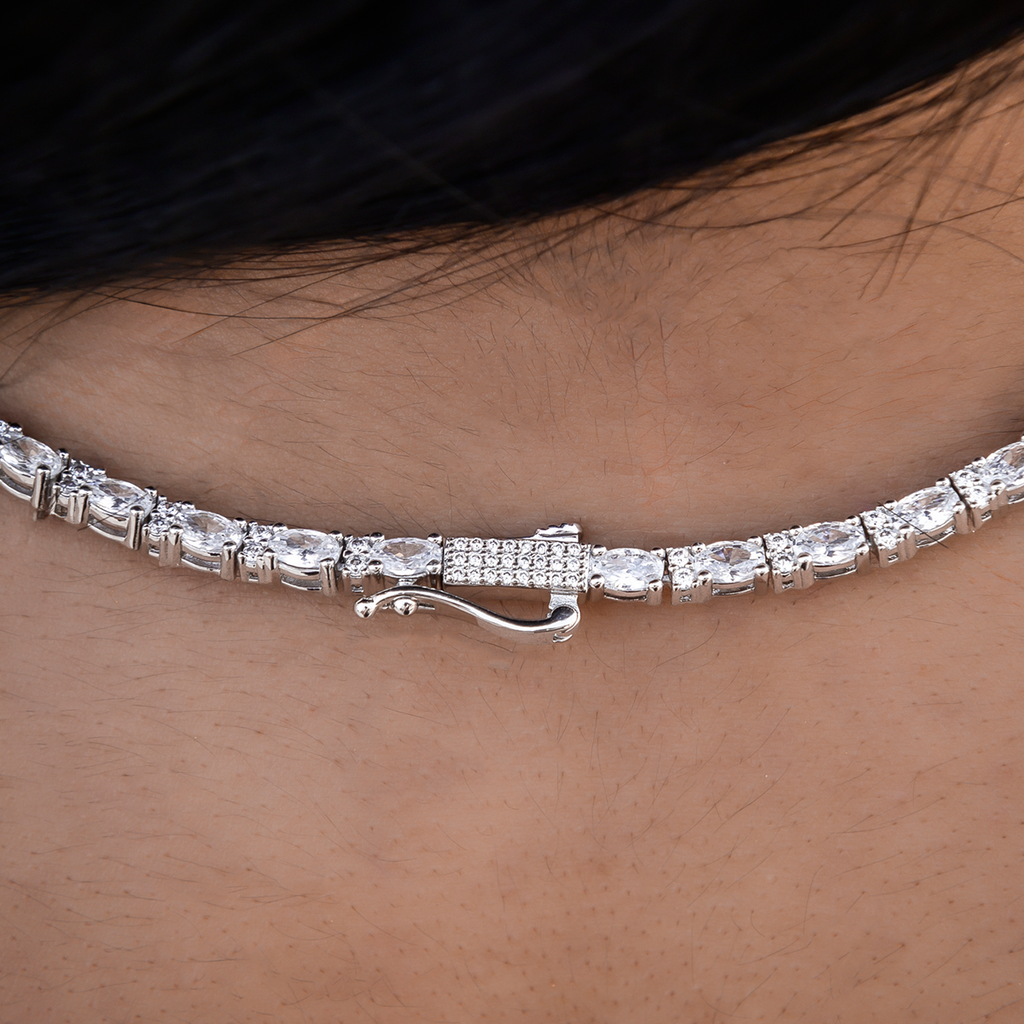 Diamond Mixed Oval Cut Tennis Necklace in White Gold- 3mm