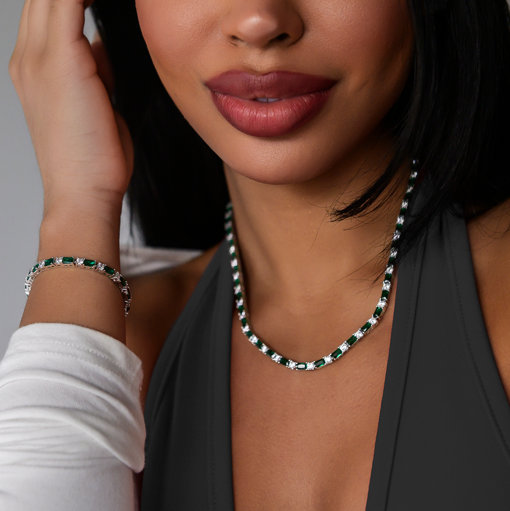 Emerald Baguette Tennis Necklace + Bracelet Bundle