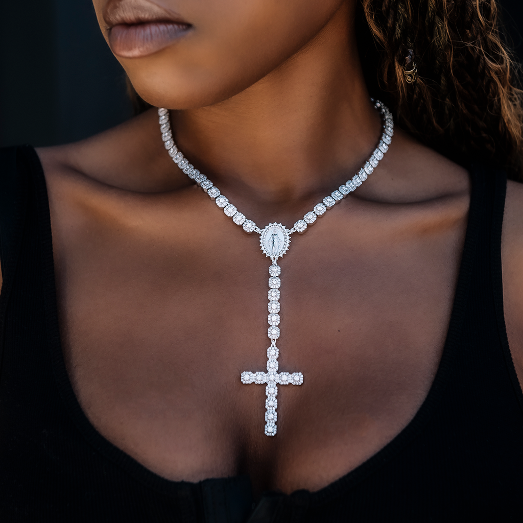 Moissanite Micro Clustered Rosary Chain Necklace in Sterling Silver