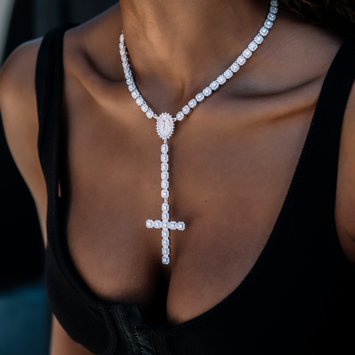 Moissanite Micro Clustered Rosary Chain Necklace in Sterling Silver