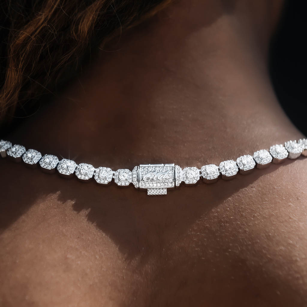 Moissanite Micro Clustered Rosary Chain Necklace in Sterling Silver