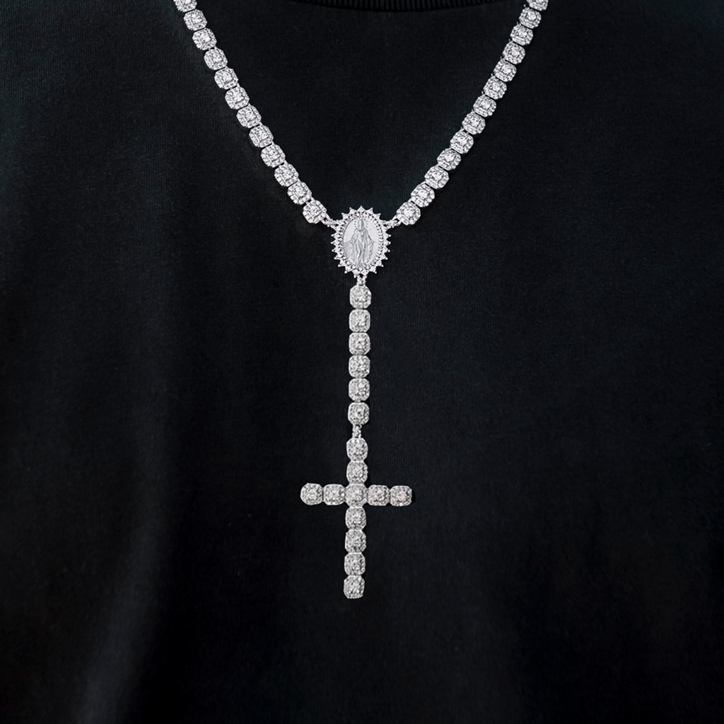 Men's Moissanite Micro Clustered Rosary Chain Necklace in White Gold Vermeil