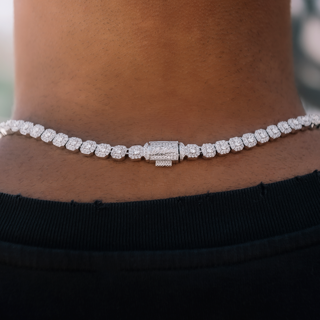 Men's Moissanite Micro Clustered Rosary Chain Necklace in White Gold Vermeil