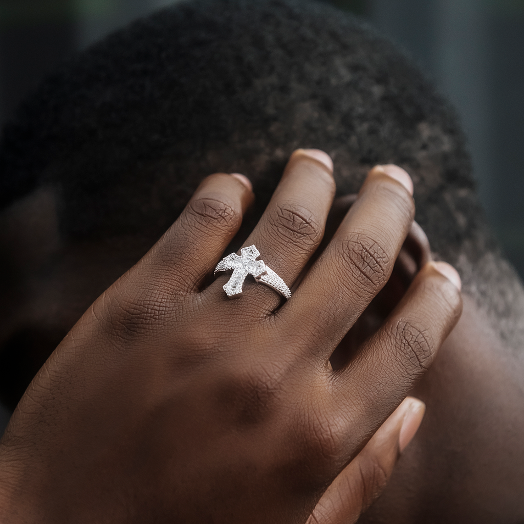 Diamond Baguette Gothic Cross Ring in White Gold Vermeil