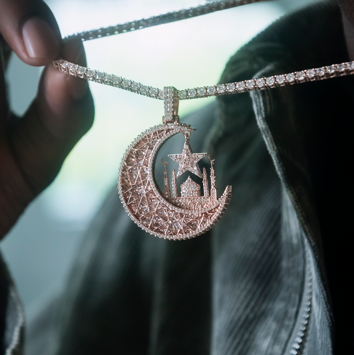 Baguette Crescent Moon Pendant