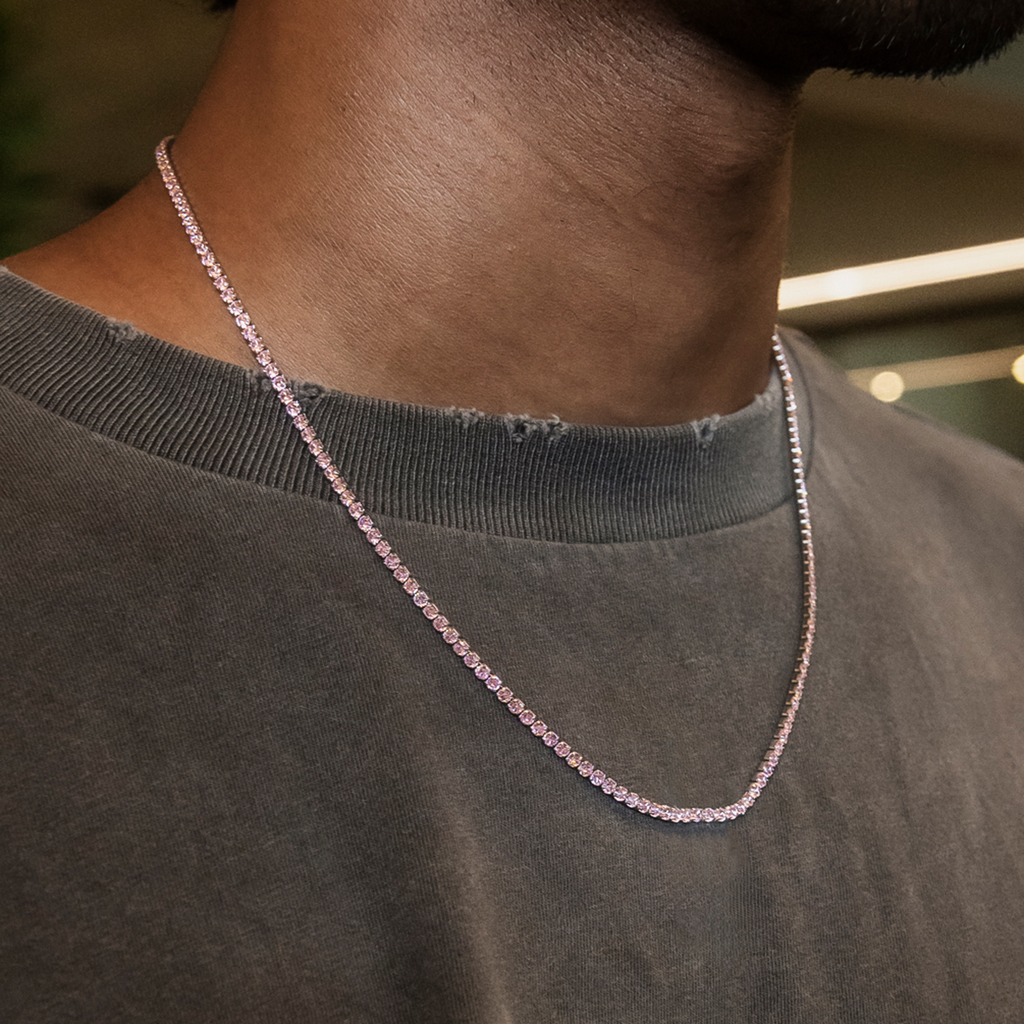 Pink Diamond Micro Tennis Chain + Bracelet Bundle in White Gold
