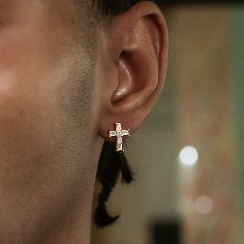 Diamond Baguette Cross Stud Earrings in Yellow Gold