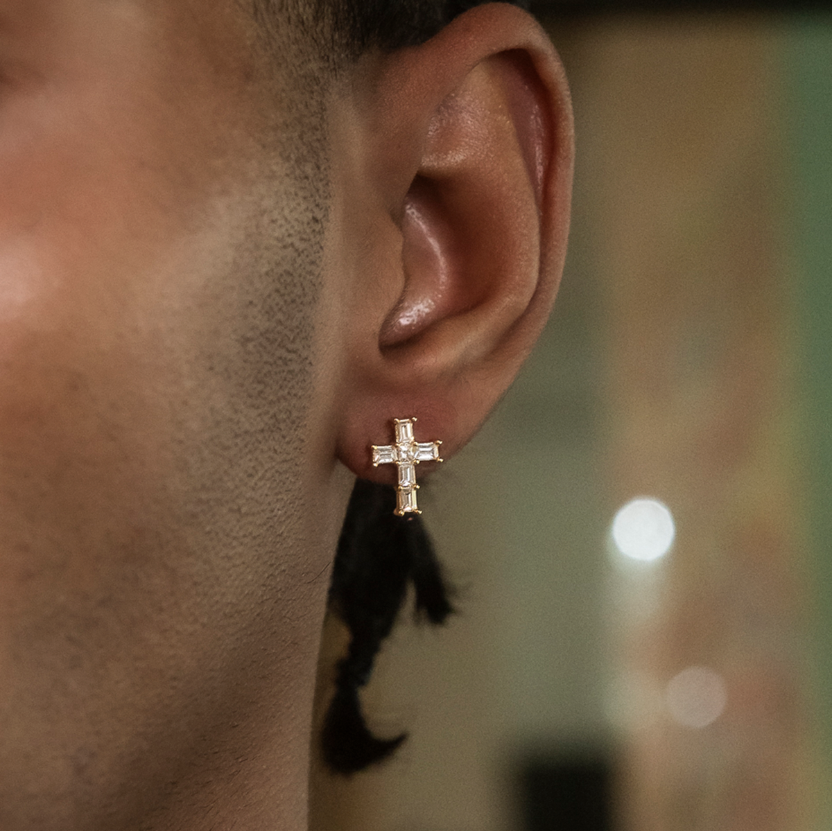 Diamond Baguette Cross Stud Earrings in Yellow Gold