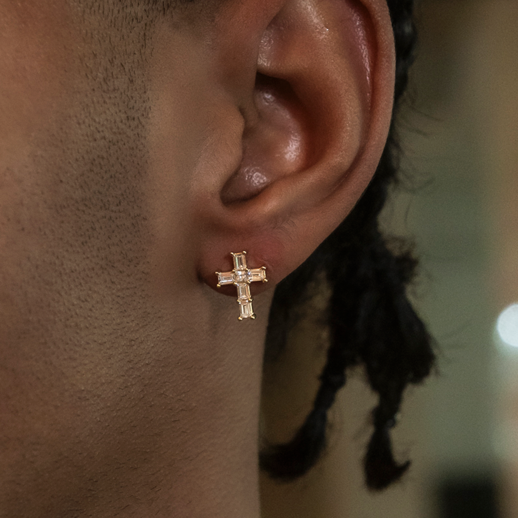 Diamond Baguette Cross Stud Earrings in Yellow Gold