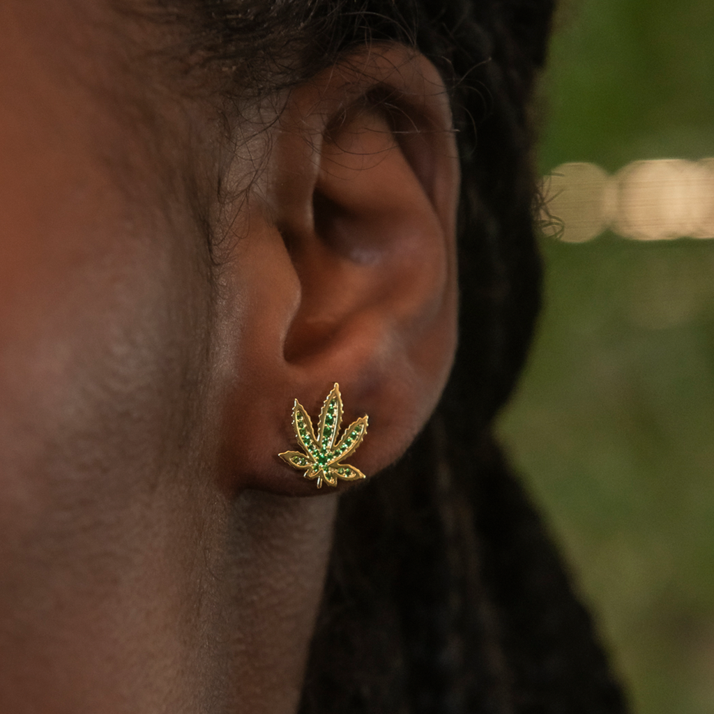 Emerald Weed Leaf Stud Earrings
