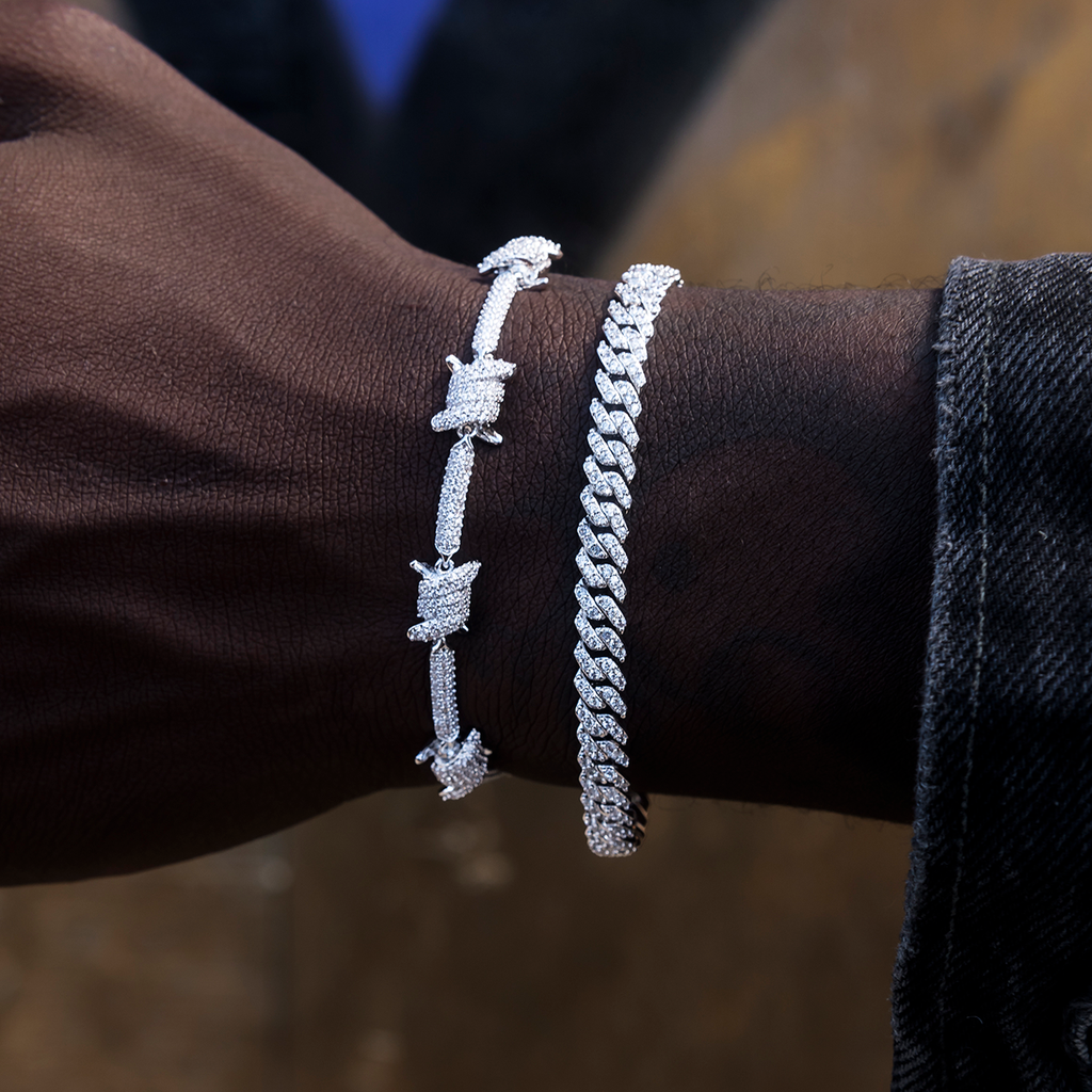 Iced Barbed Wire Bracelet in White Gold
