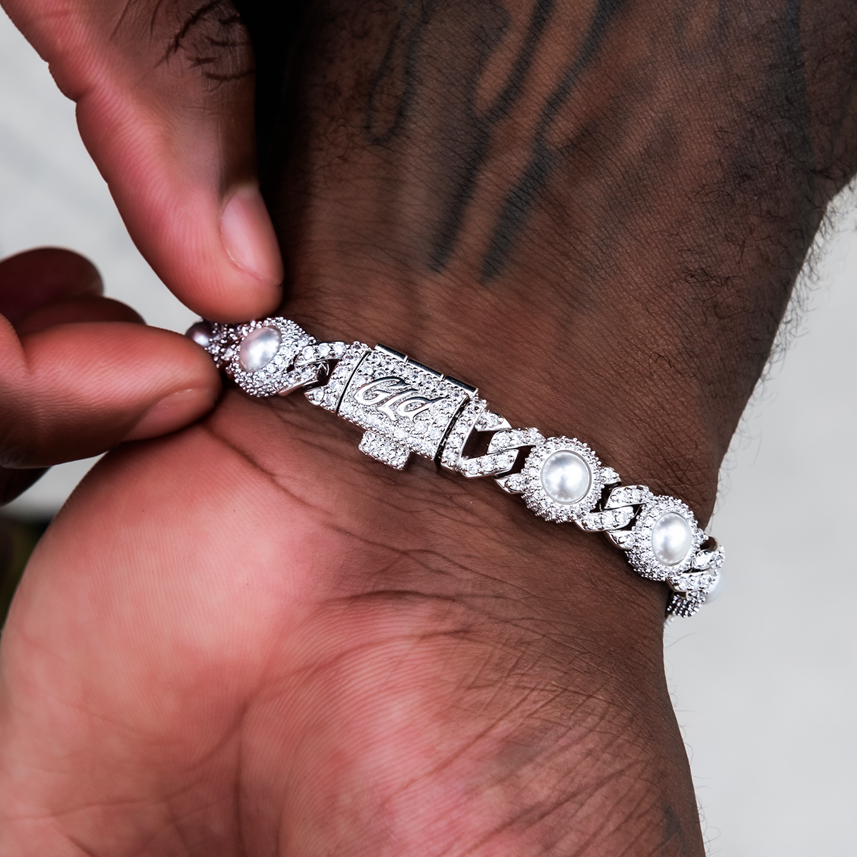 10mm Iced Halo Cuban Bracelet with Pearls in White Gold