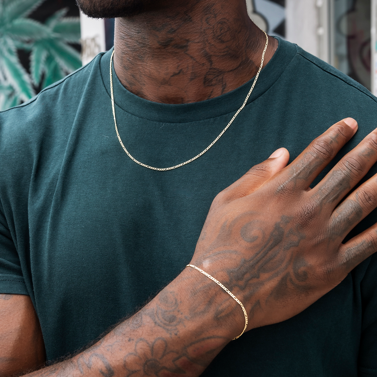 Figaro Chain + Bracelet Bundle in Yellow Gold- 2mm