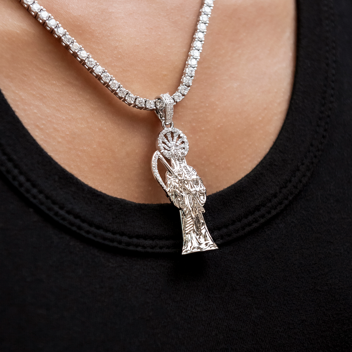 Iced Grim Reaper Pendant in White Gold