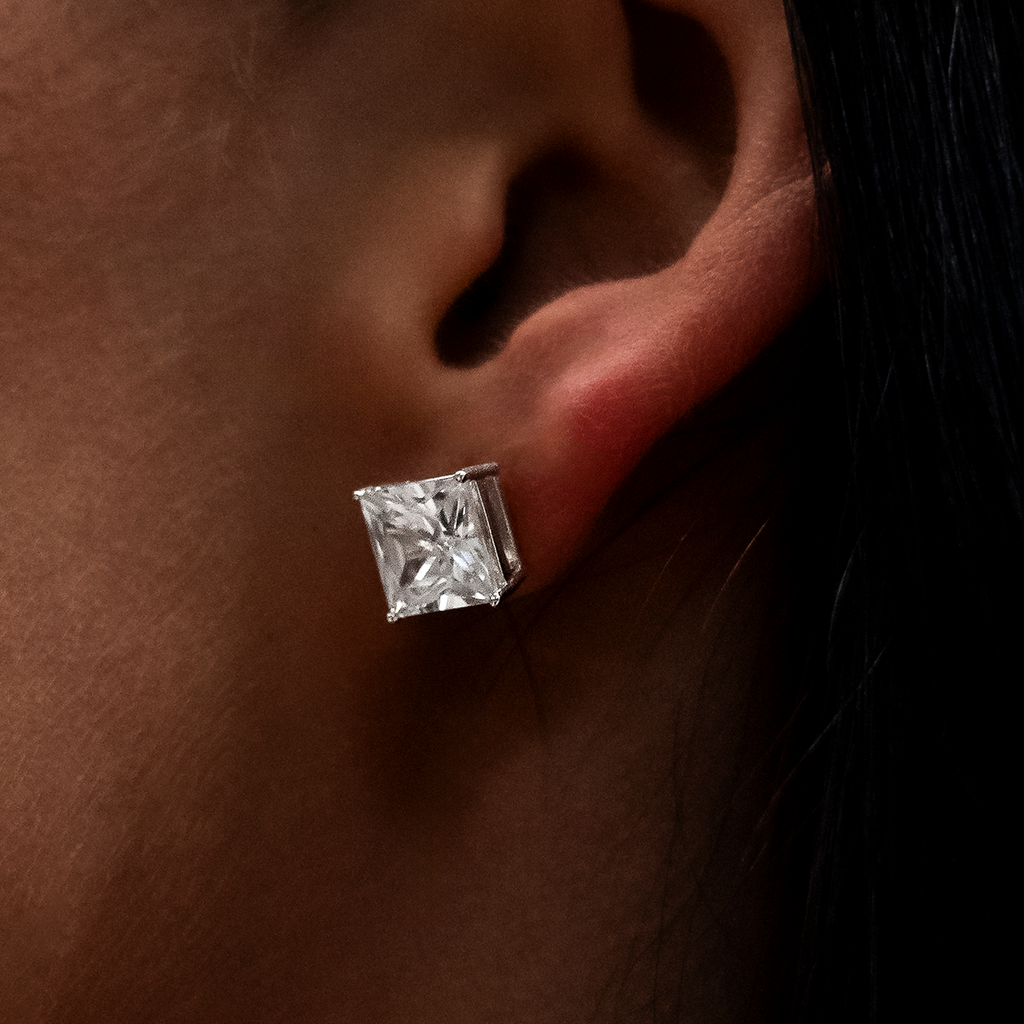 GLD 8mm Princess Cut Diamond Stud Earrings in White Gold