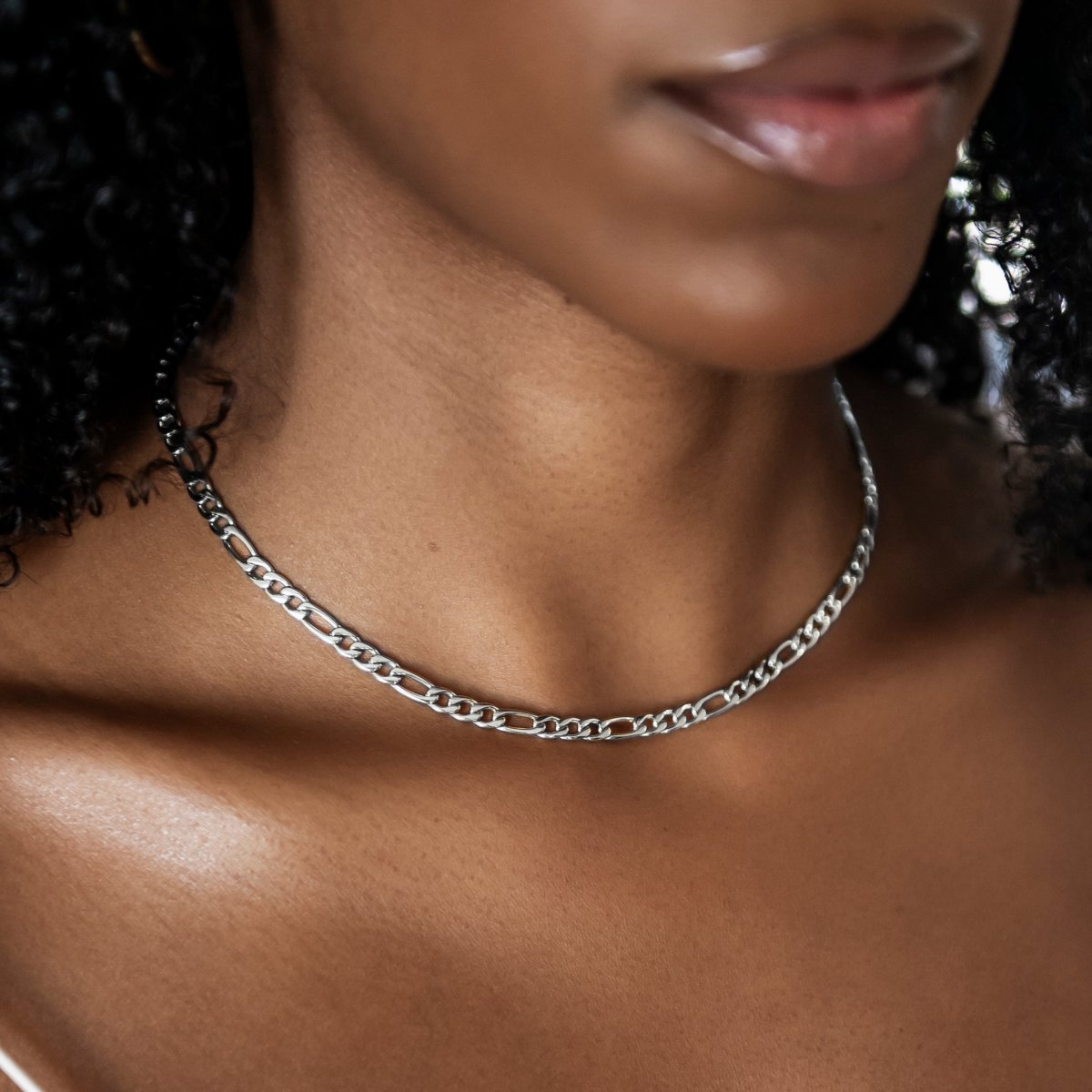 Figaro Chain Necklace + Bracelet Bundle in White Gold - 4mm