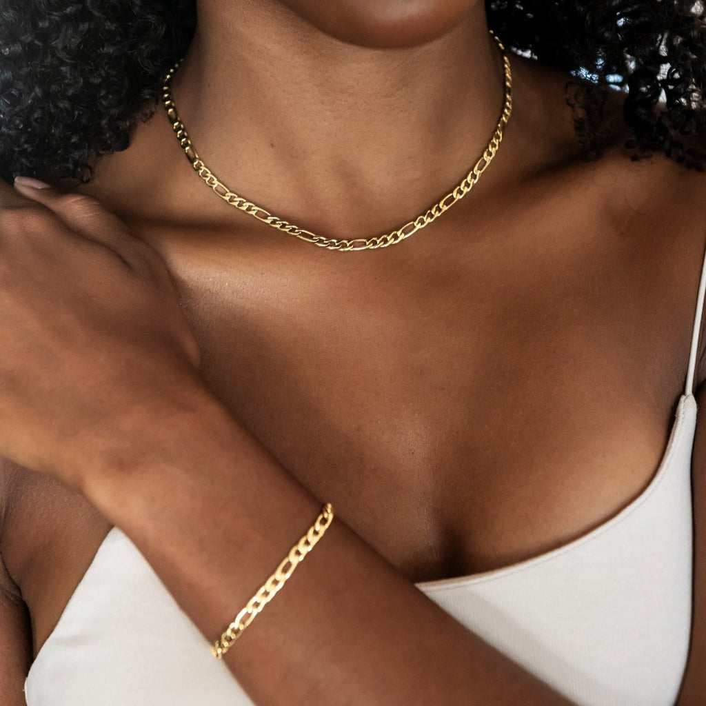 Figaro Chain + Bracelet Bundle in Yellow Gold- 4mm