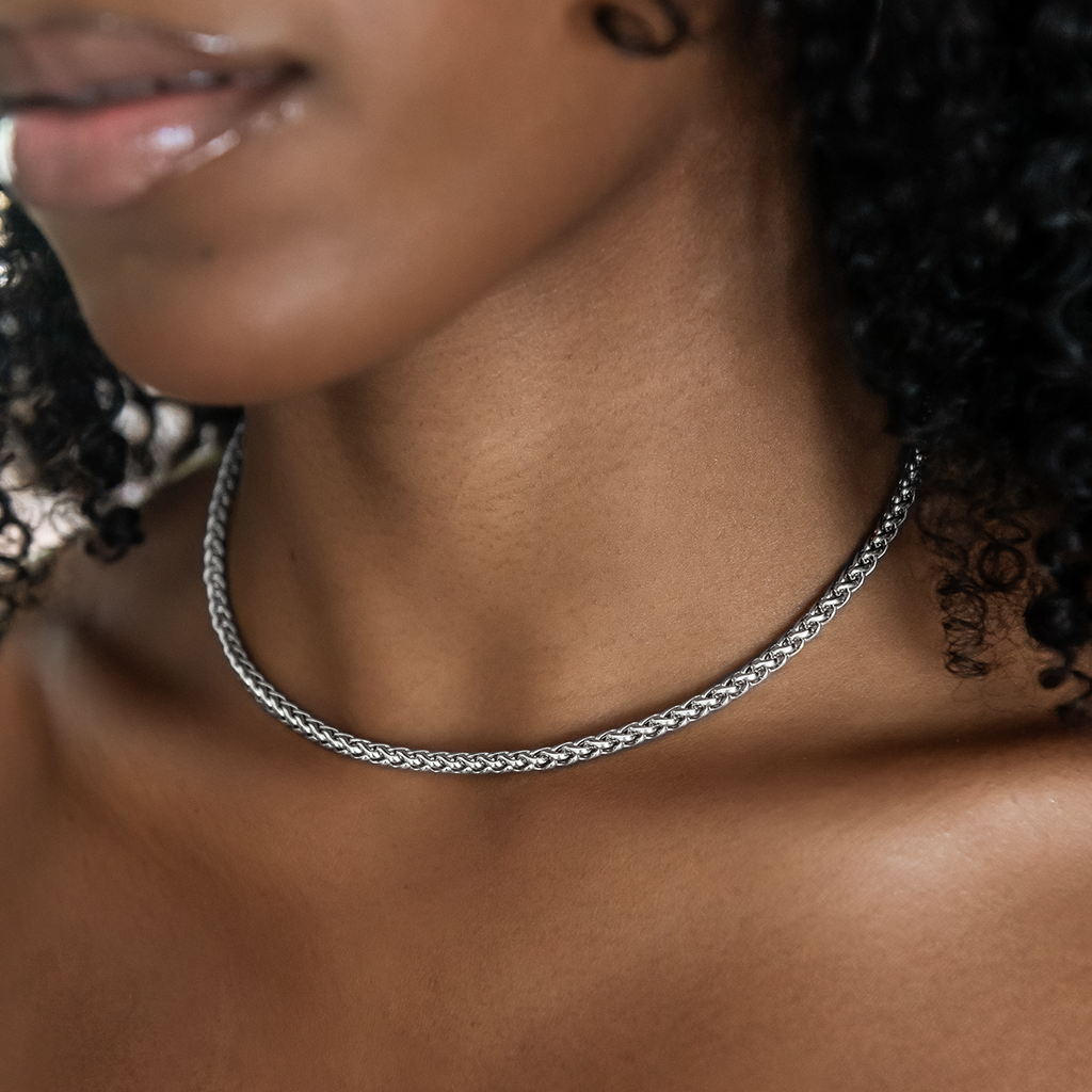 Palm Chain Necklace + Bracelet Bundle in White Gold- 4mm