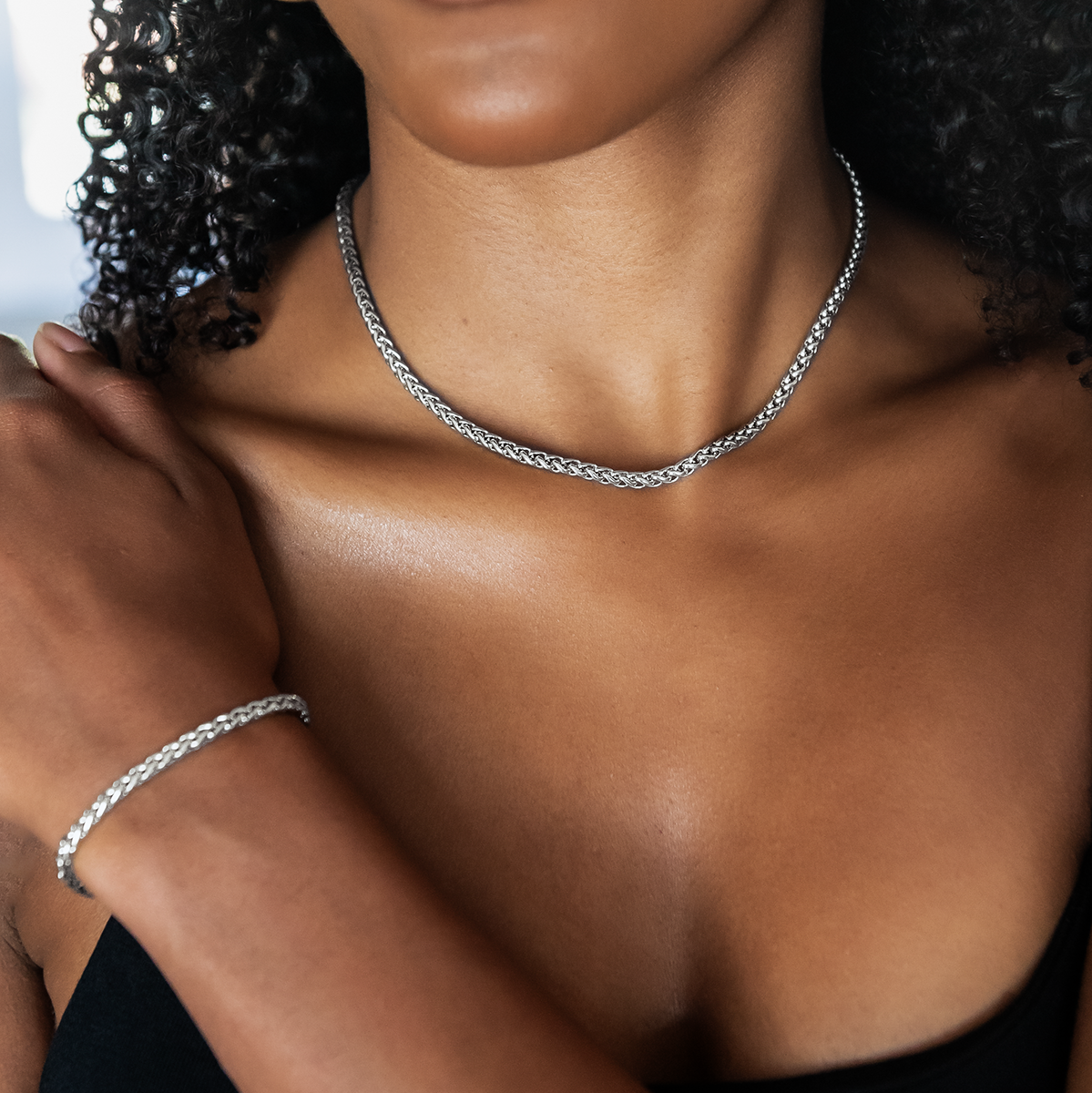 Palm Chain Necklace + Bracelet Bundle in White Gold- 4mm