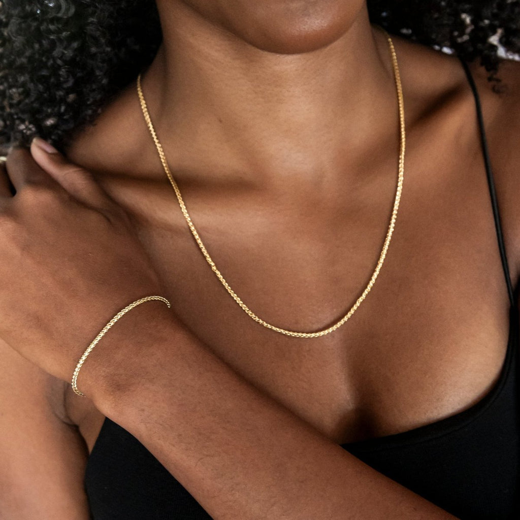 Palm Chain Necklace + Bracelet Bundle in Yellow Gold- 2mm