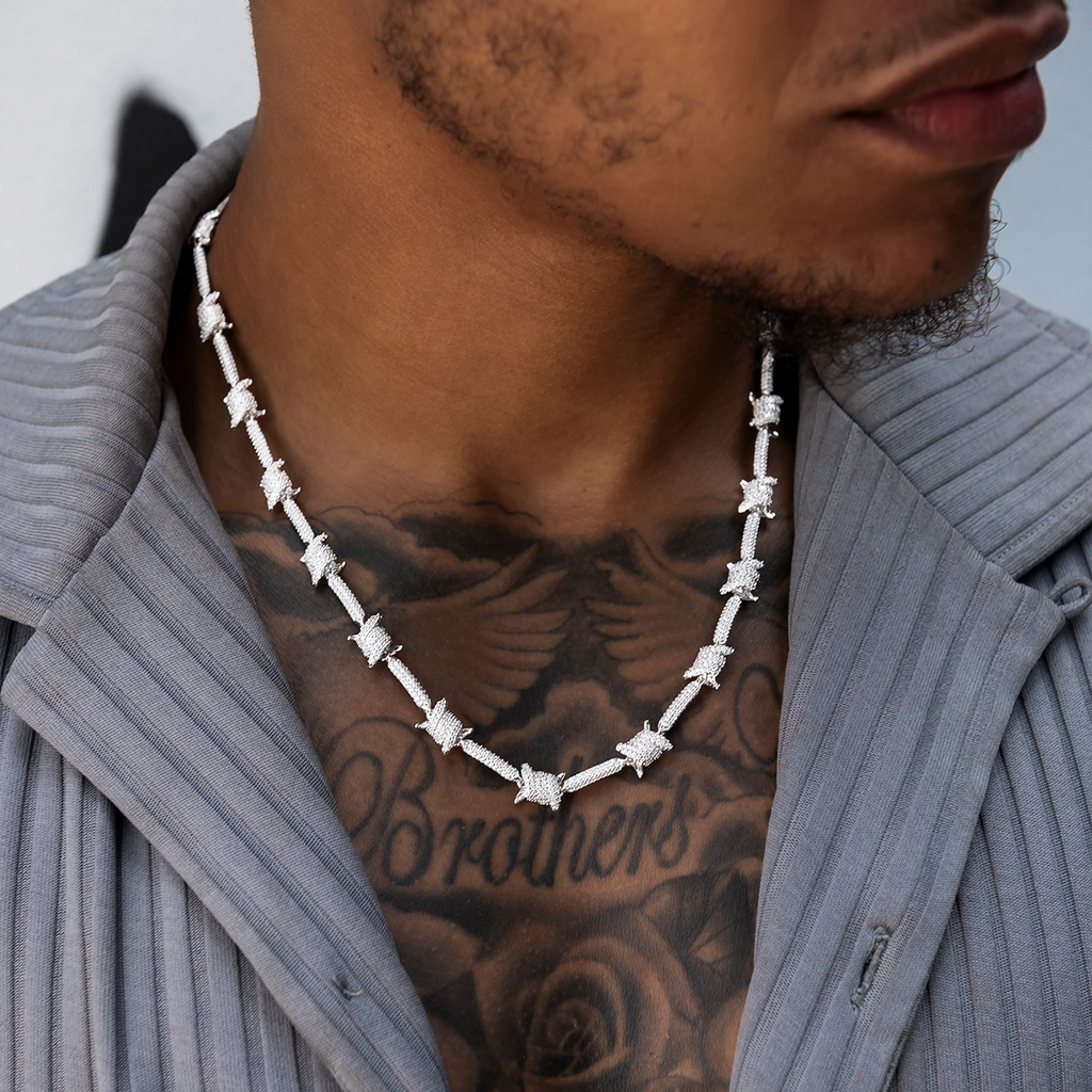 Iced Barbed Wire Chain + Bracelet Bundle in White Gold