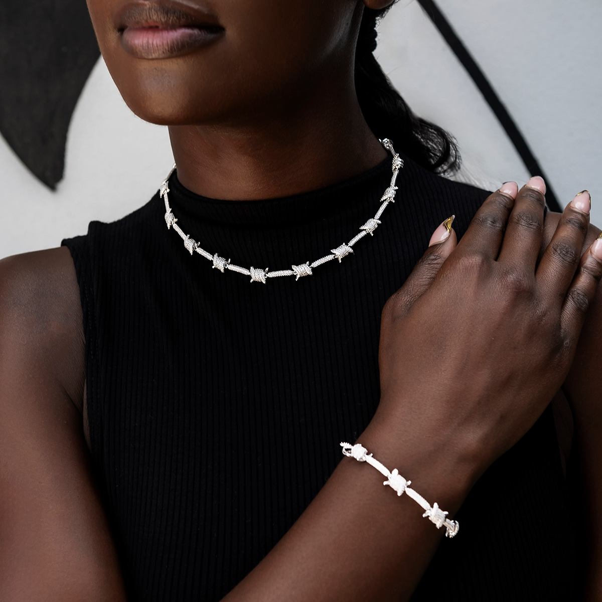 Iced Barbed Wire Necklace + Bracelet Bundle in White Gold