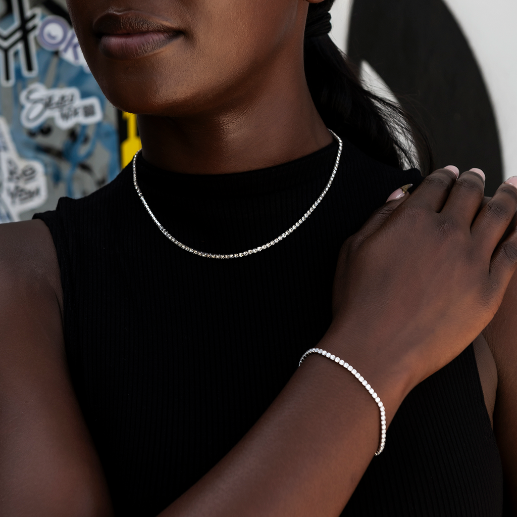 Micro Tennis Necklace + Bracelet Bundle in White Gold
