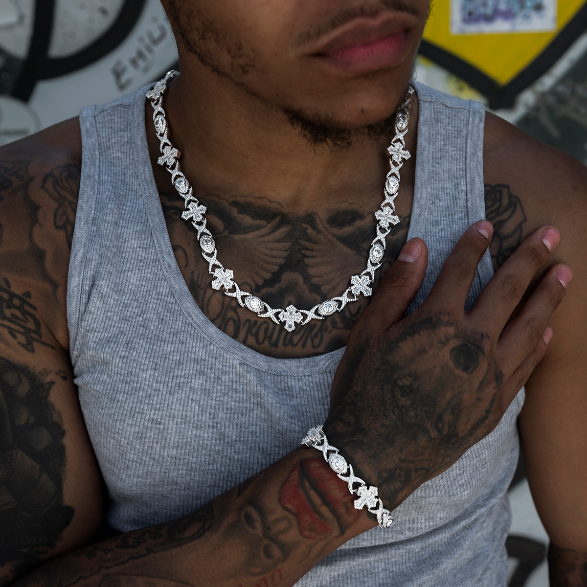 Baguette Cross Evil Eye Chain + Bracelet in White Gold