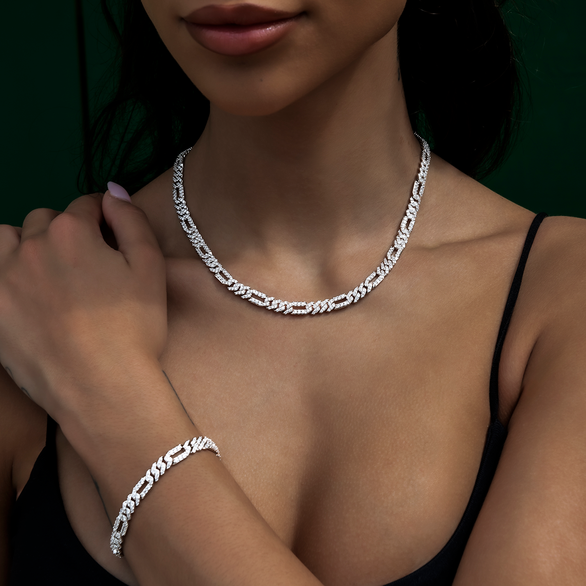 Diamond Figaro Necklace + Bracelet Bundle in White Gold- 6mm