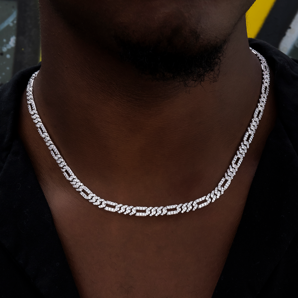 Diamond Figaro Chain + Bracelet Bundle in White Gold- 6mm