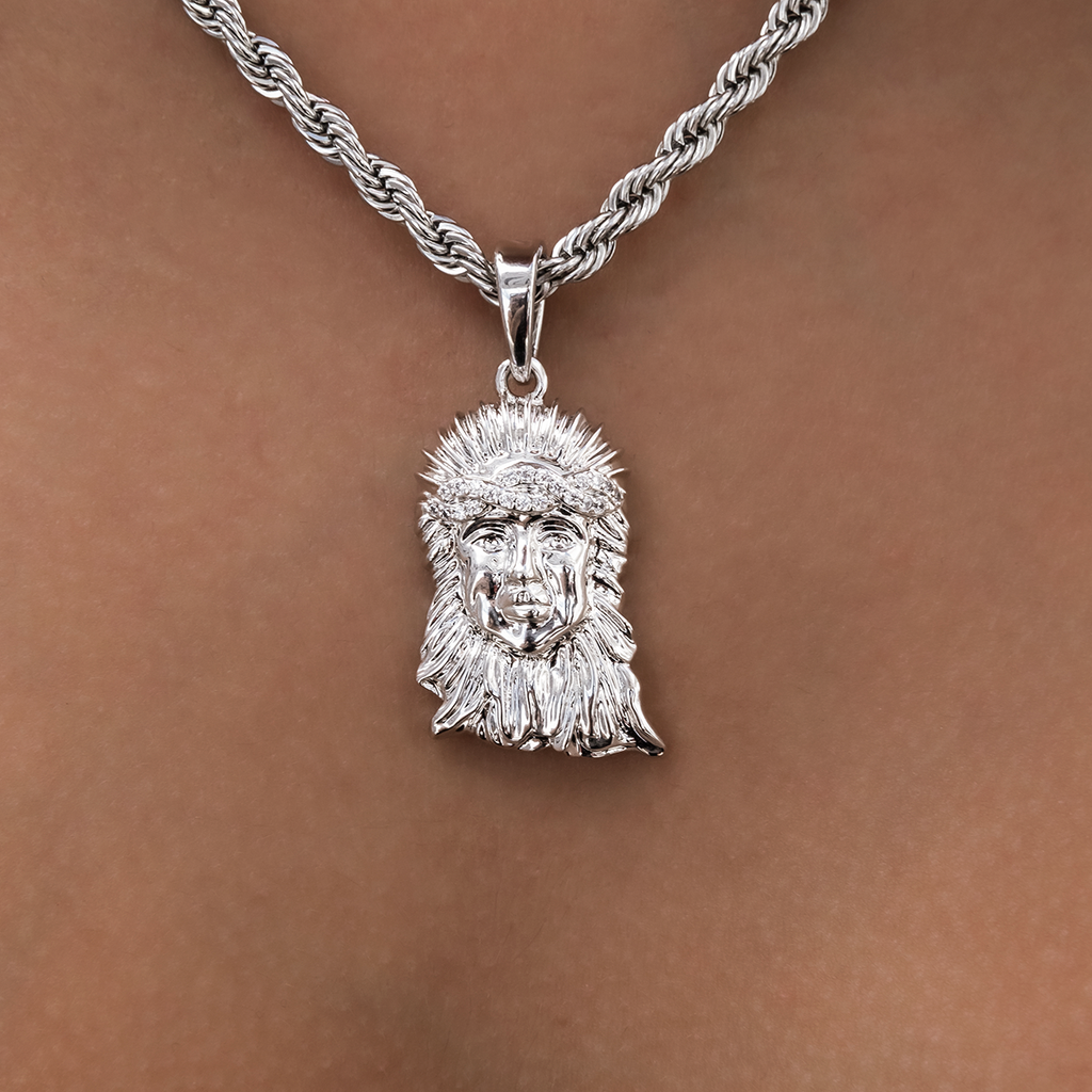 Diamond Crown Portrait of Jesus Pendant in White Gold