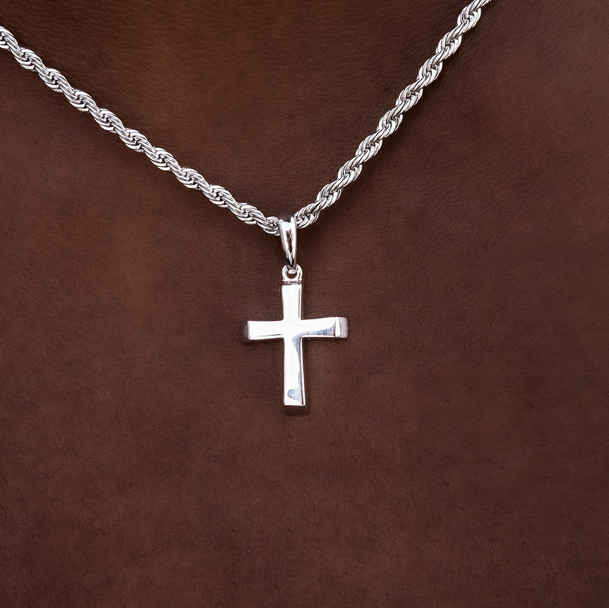 Micro Simple Cross Pendant + Rope Chain in White or Yellow Gold - 2mm