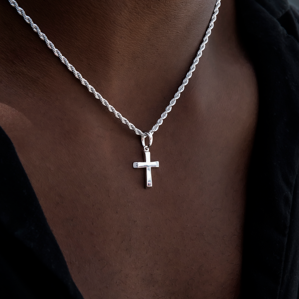 Micro Simple Cross Pendant + Rope Chain in White or Yellow Gold - 2mm