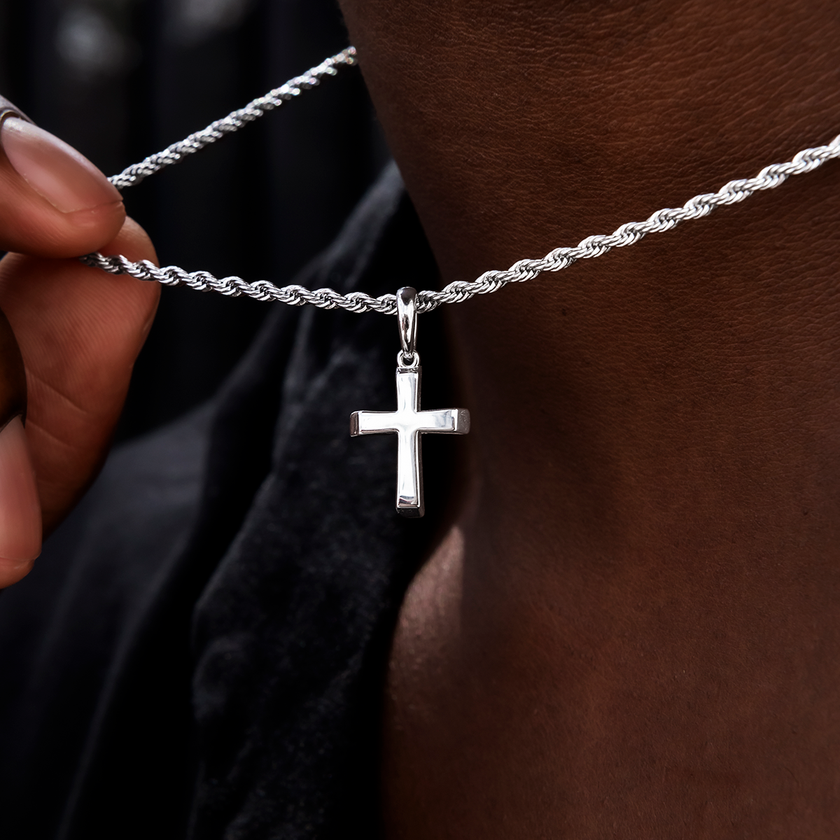 Micro Simple Cross Pendant + Rope Chain in White or Yellow Gold - 2mm