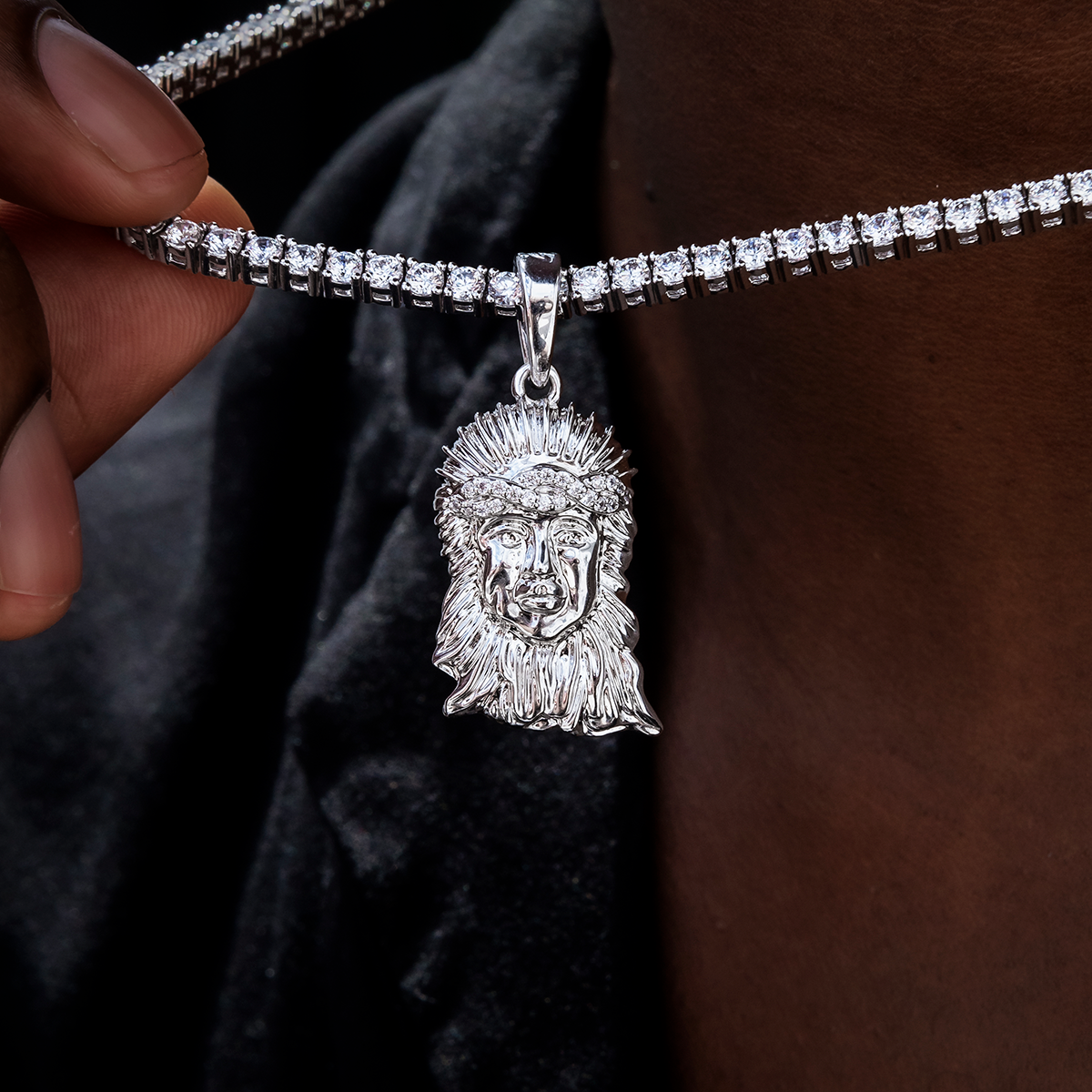 Diamond Crown Portrait of Jesus Pendant in White Gold