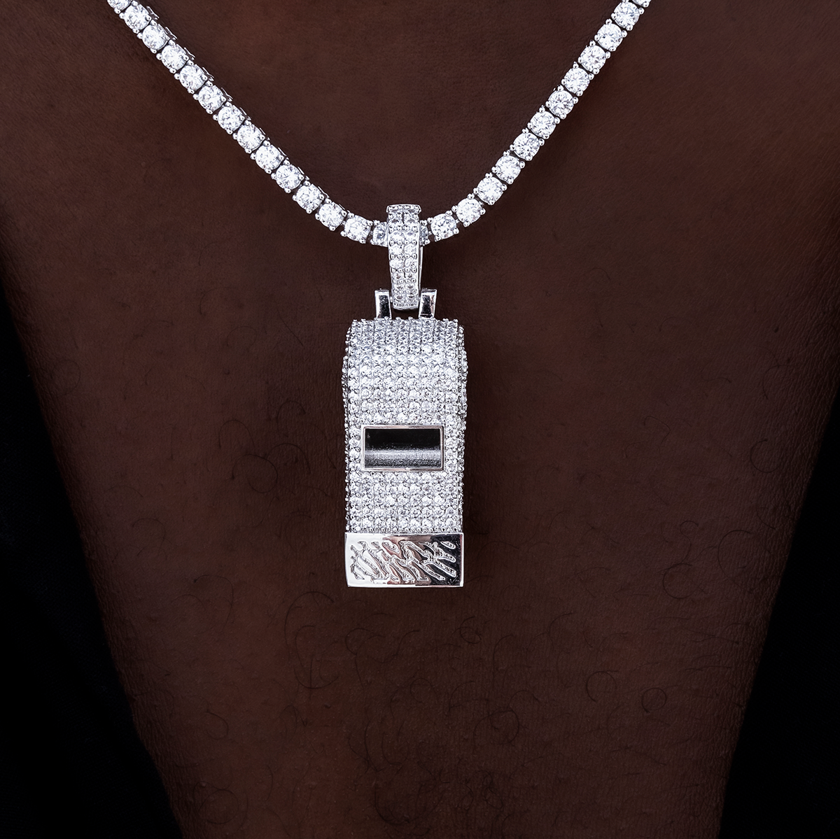 Iced Functioning Coaches Whistle Pendant in White Gold