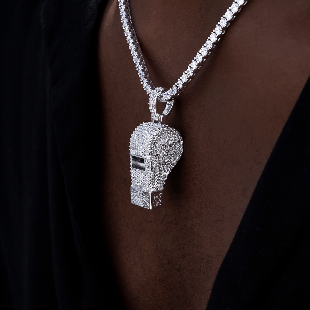 Iced Functioning Coaches Whistle Pendant in White Gold