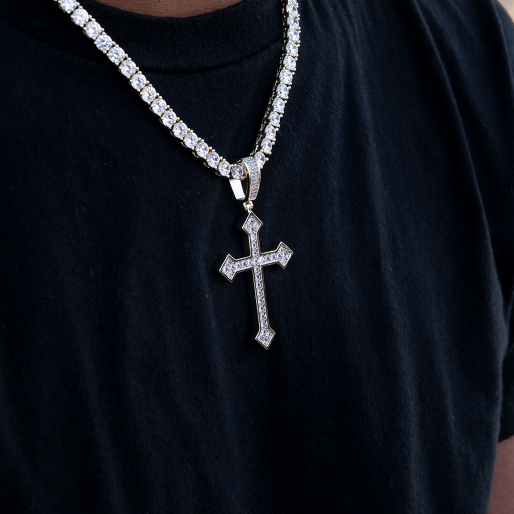 Large Iced Celtic Cross in Yellow Gold