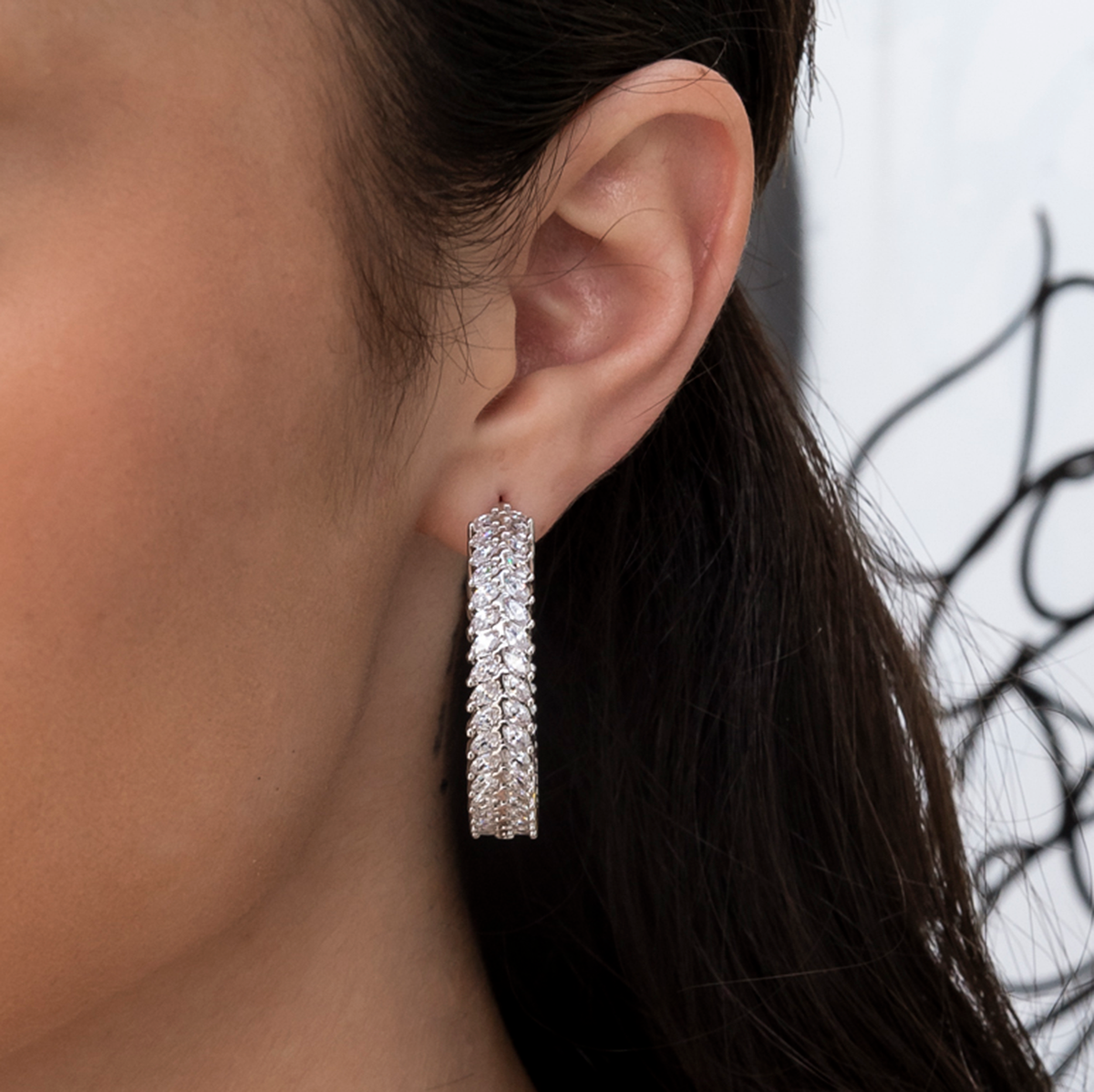 GLD Diamond Herringbone Hoop Earrings in White Gold