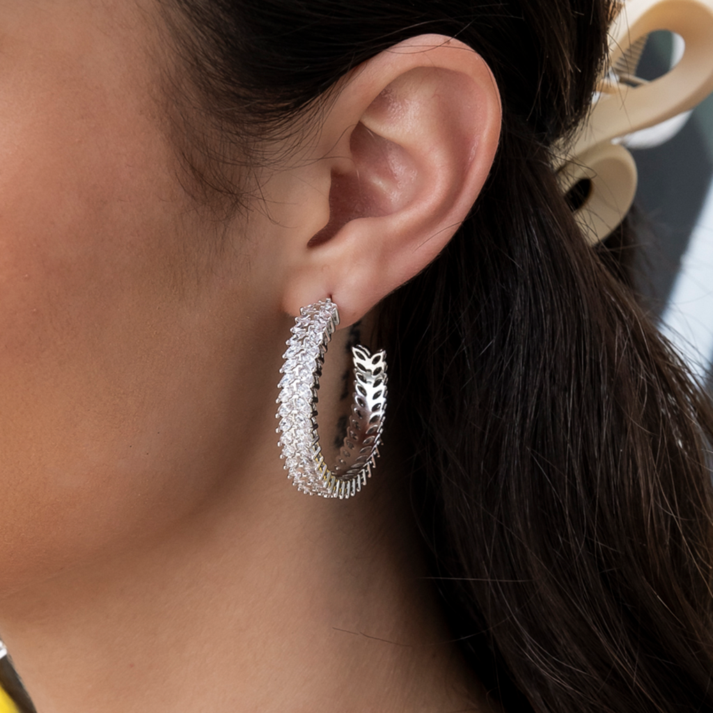 GLD Diamond Herringbone Hoop Earrings in White Gold