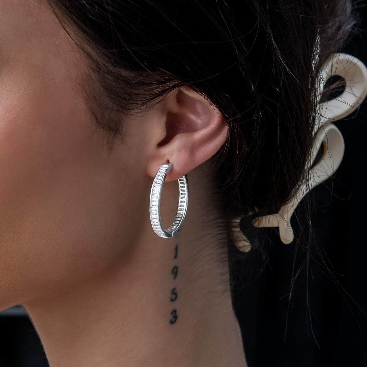 GLD Baguette Hoop Stud Earrings in White Gold