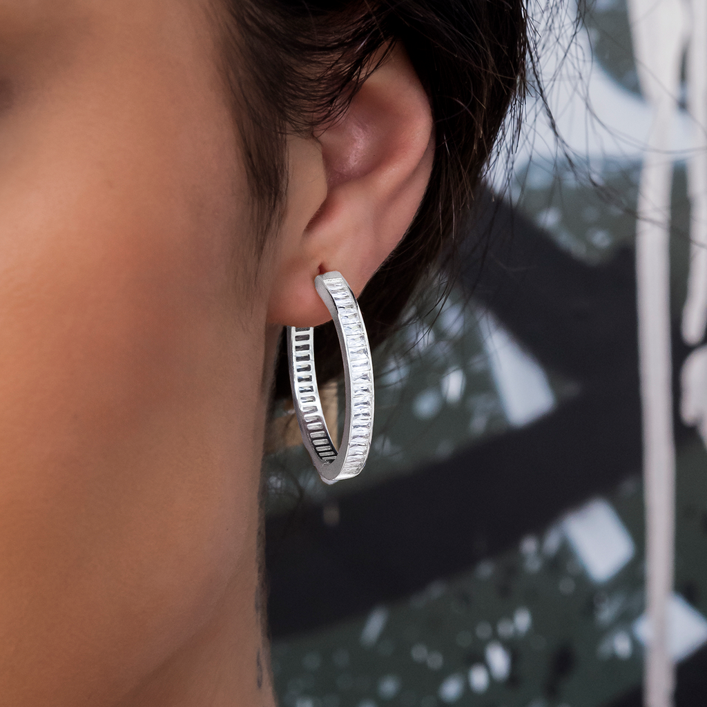 GLD Baguette Hoop Stud Earrings in White Gold