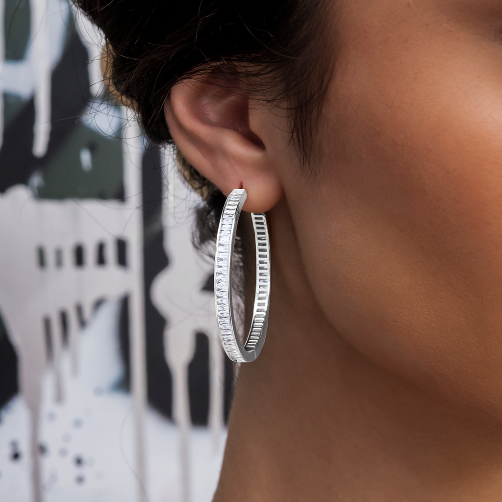 GLD Baguette Hoop Stud Earrings in White Gold