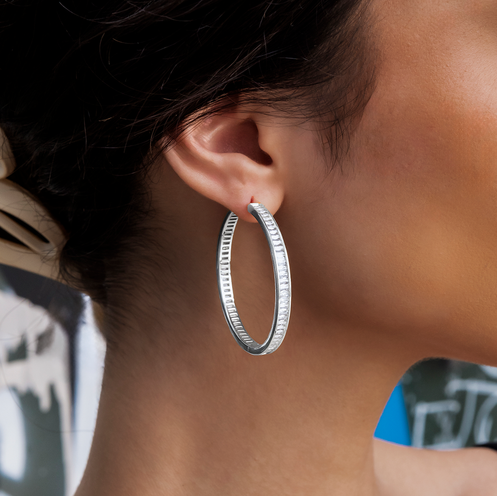 GLD Baguette Hoop Stud Earrings in White Gold