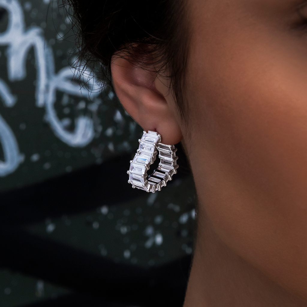 Baguette Heart Hoop Earrings - White Gold