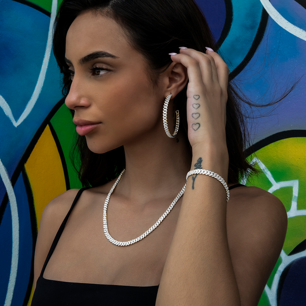 Micro Diamond Prong Cuban Necklace + Bracelet + Hoop Bundle in White Gold