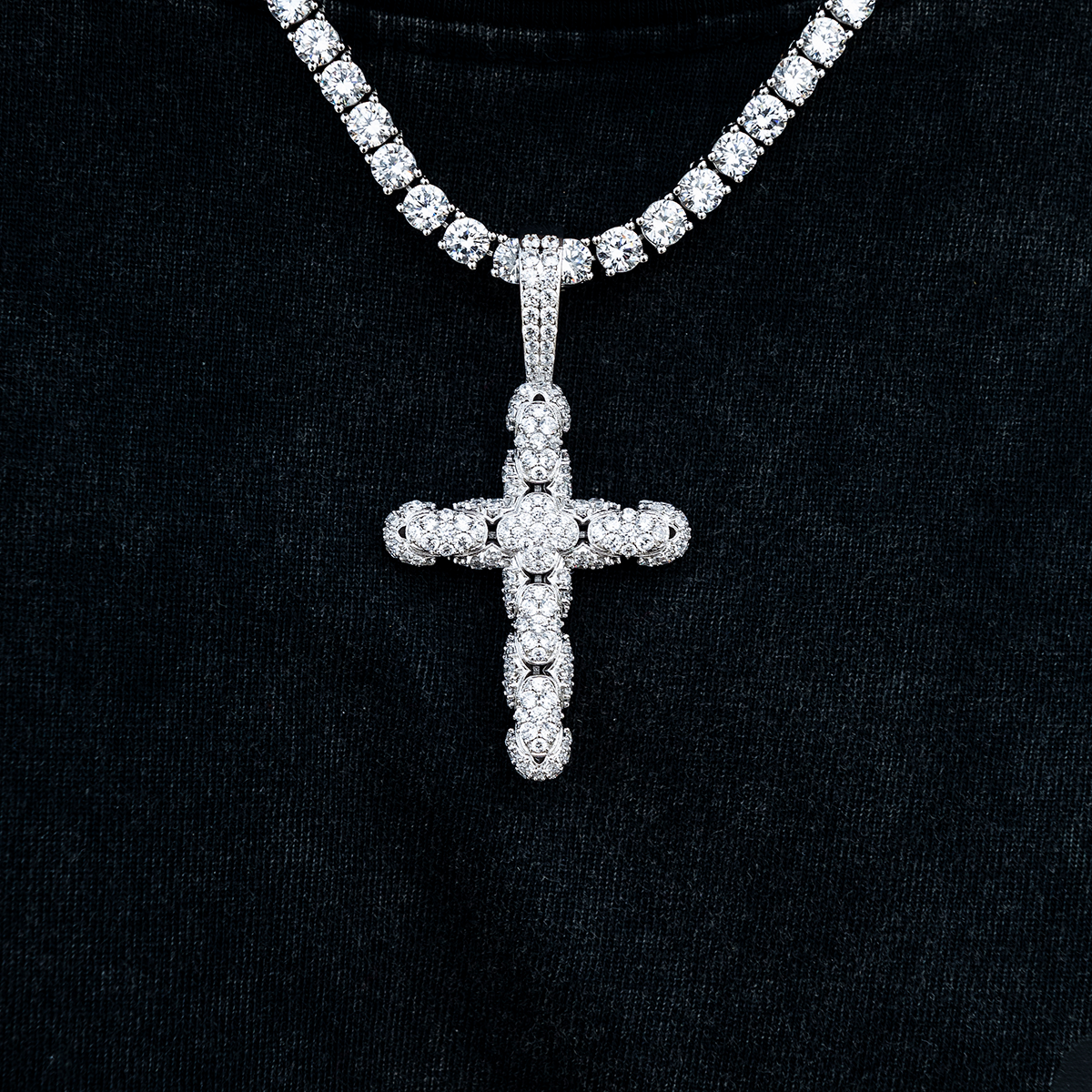 Diamond Pave Snake Link Cross Pendant in White Gold